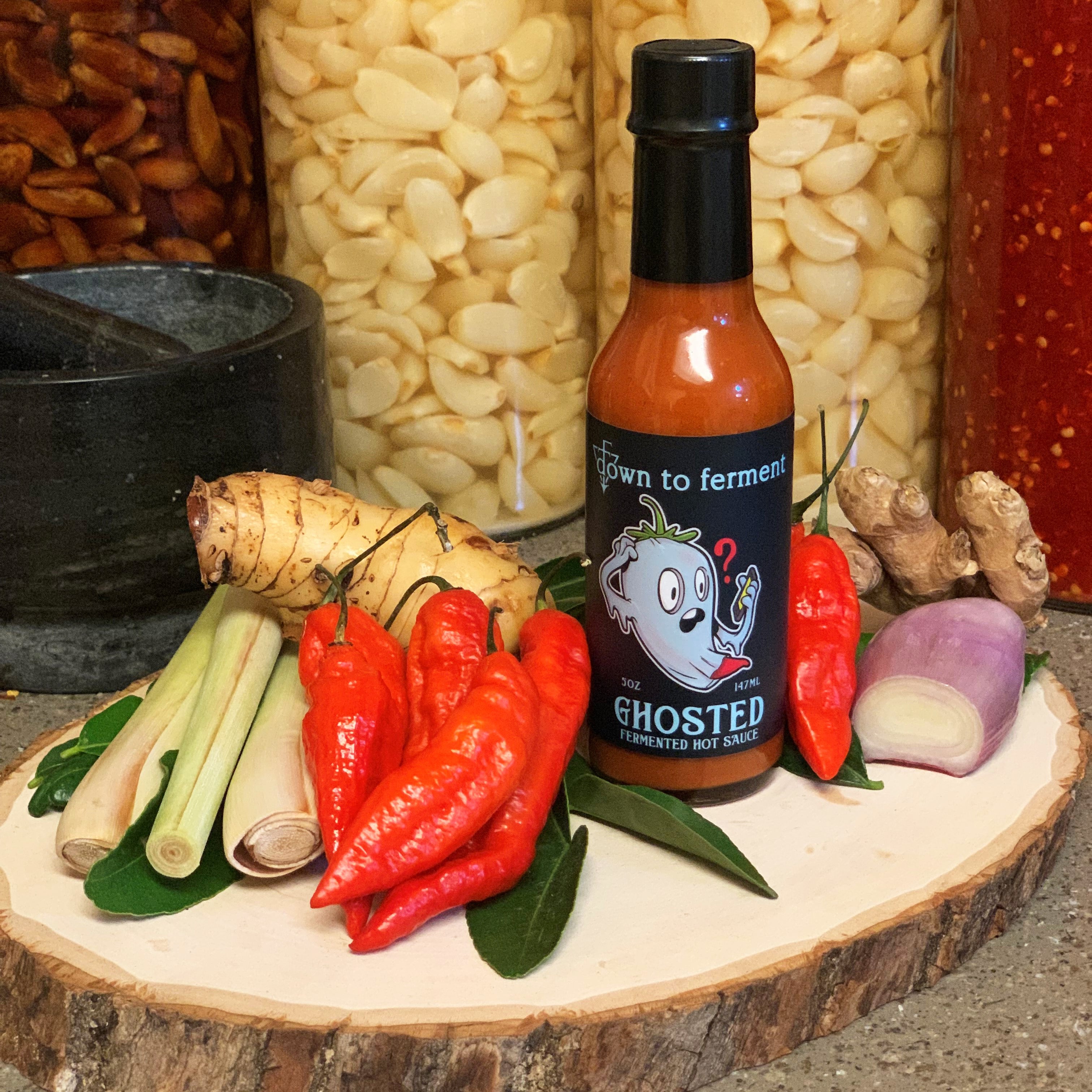 Ghosted Fermented Hot Sauce ingredients.  Galangal, ghost peppers, shallots, keffir lime leaves, ginger. San Diego's Hot Sauce