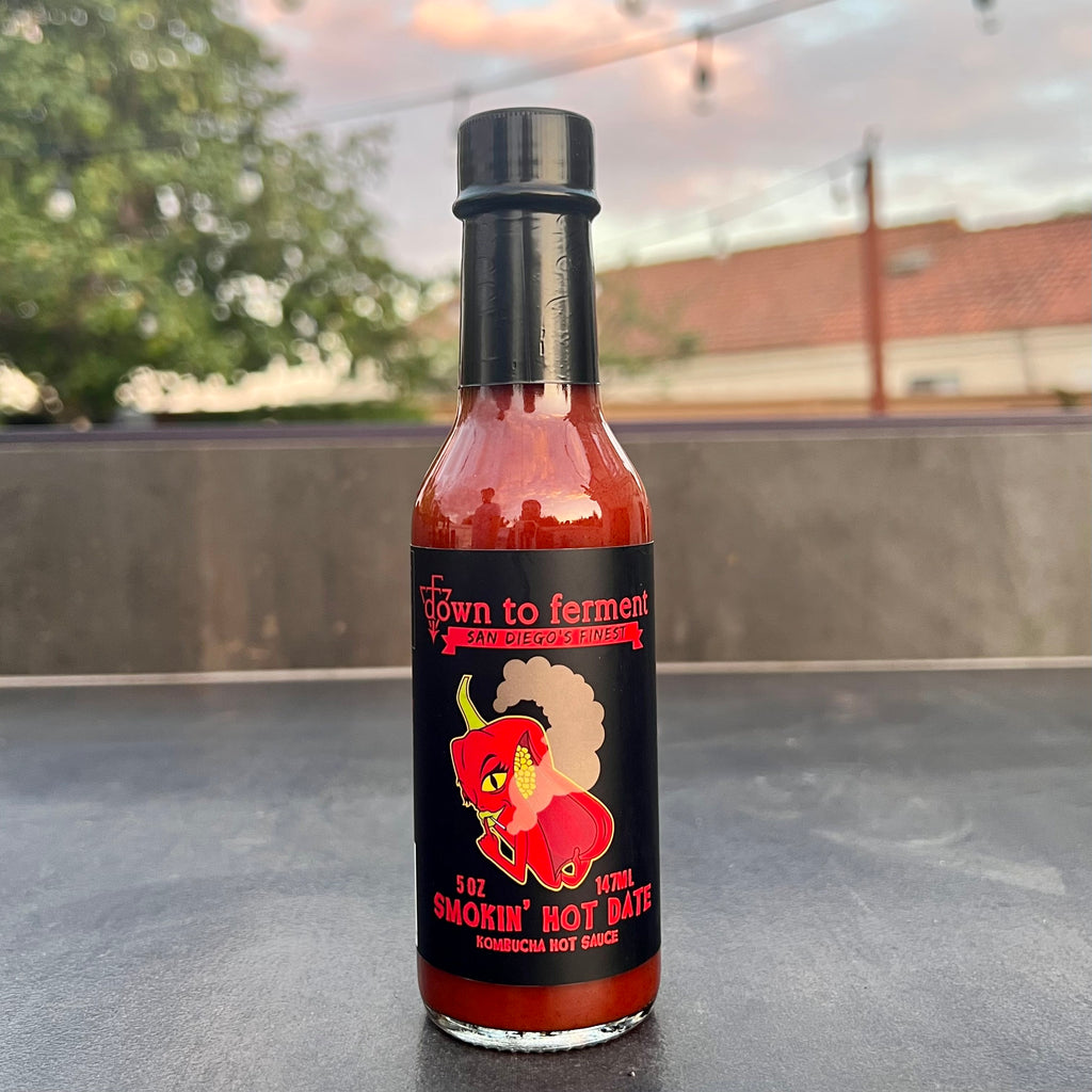 Smokin' Hot Date - Down To Ferment Hot Sauce. San Diego's Finest Fermented, kombucha based hot sauce. Chipotle peppers with medjool dates.